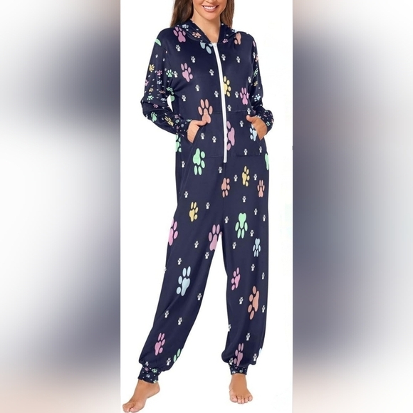 Onesie Pajamas Watercolor Paw Print Sleepwear Jumpsuit Costume One Piece LARGE - Picture 10 of 13